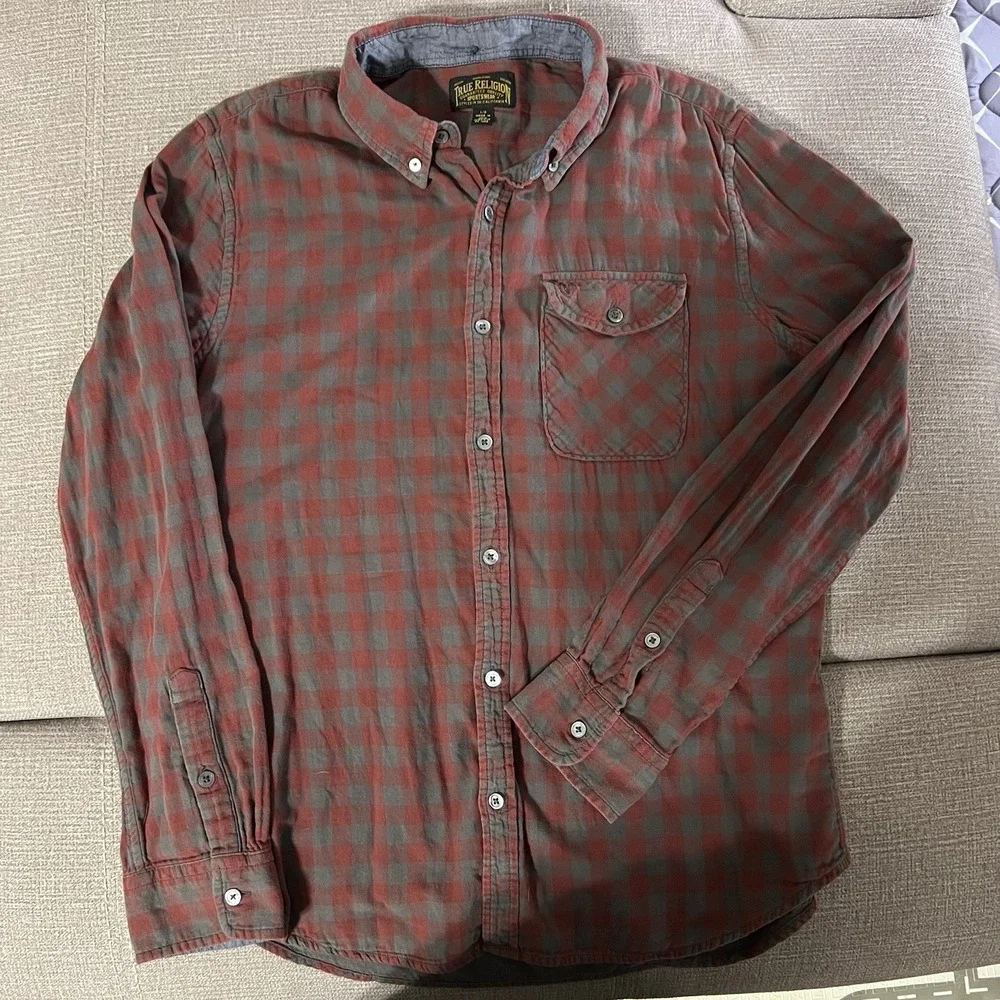 True Religion Sportswear Men's Button Down Plaid Shirt Size Large‎ Red & Gray